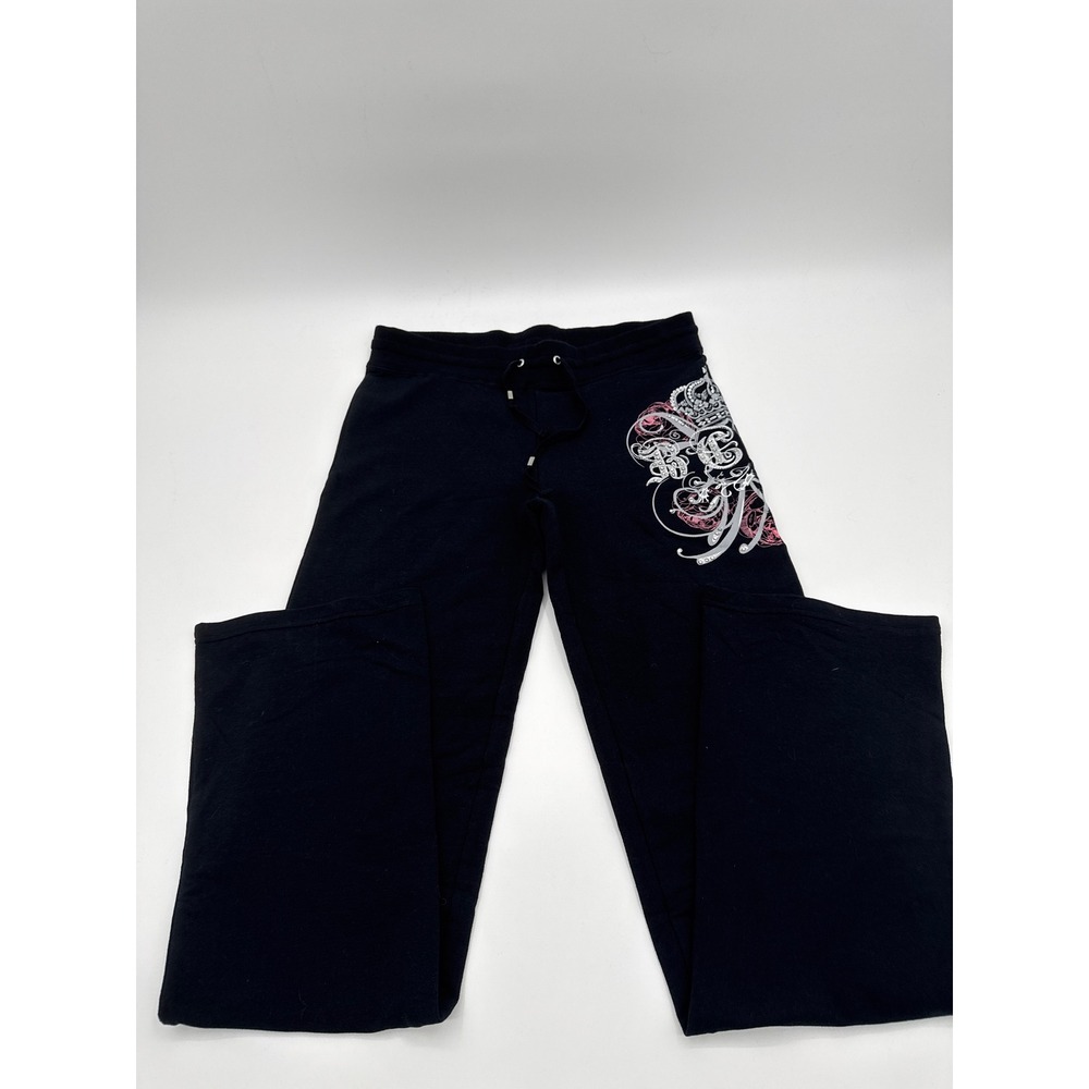 BCBGMAXAZRIA Women Black Y2K Rhinestone Crown Graphic Sweatpants Large BC13715-P